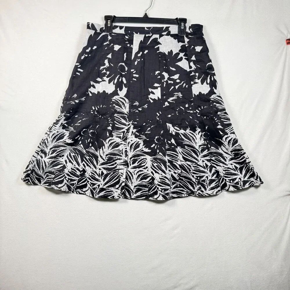 Coldwater Creek Linen Skirt Womens 14 Black White Floral Fit Flare Lined
